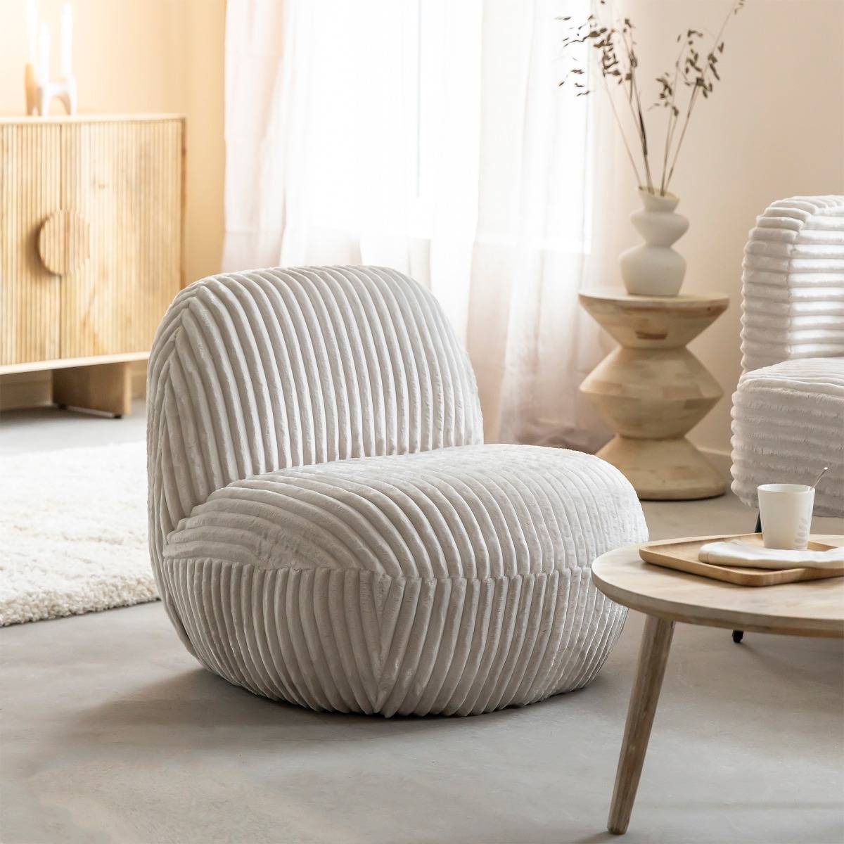 Fauteuil confort en velours côtelé blanc Soléa