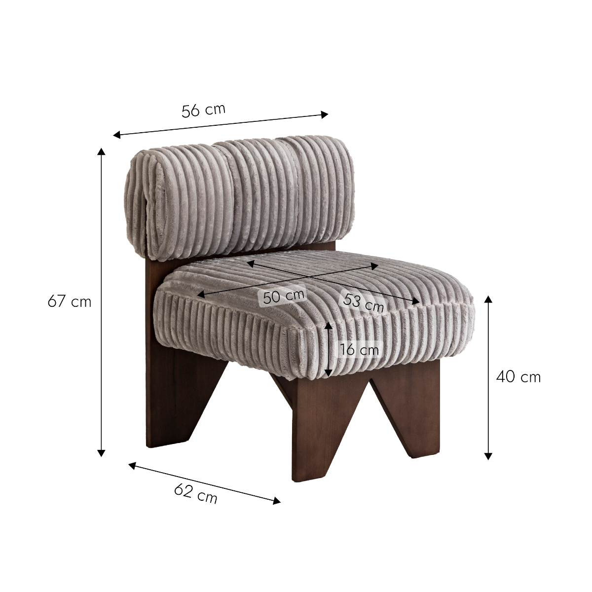 Petit fauteuil carré en velours côtelé et bois d'hévéa gris Soléa